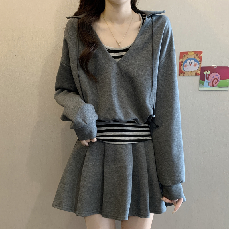 大码女装假两件卫衣+松紧腰气质显瘦休闲A字百褶裙套装女秋季胖MM