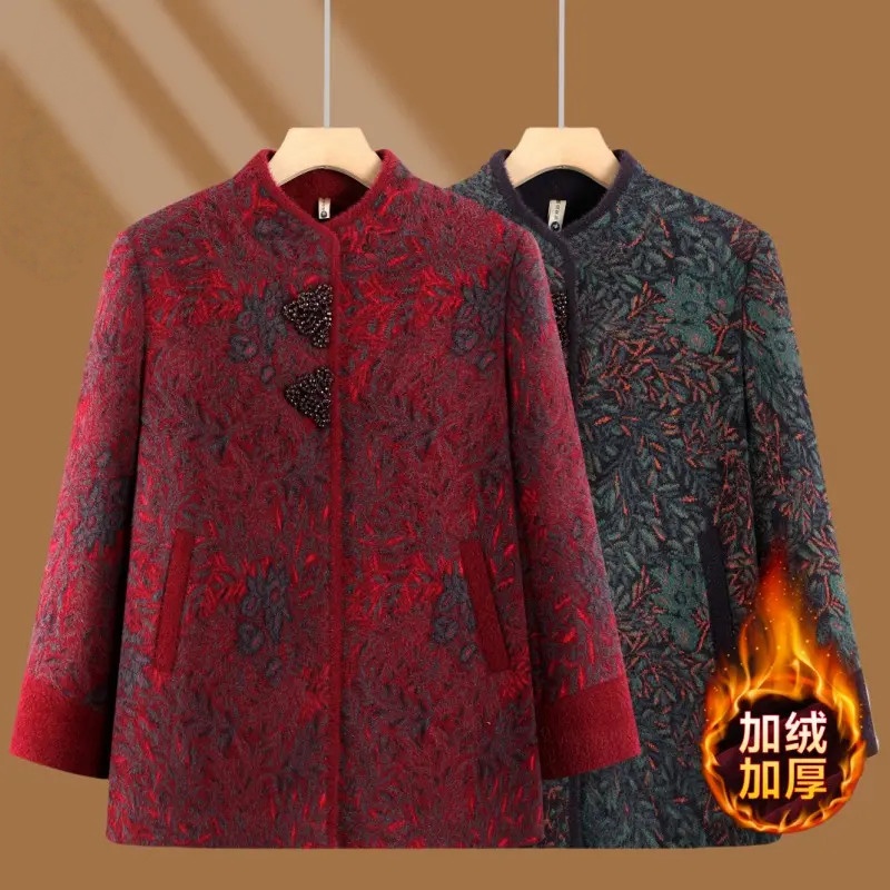 奶奶冬装加绒保暖外套中老年人女装妈妈毛呢上衣老太太宽松上衣服