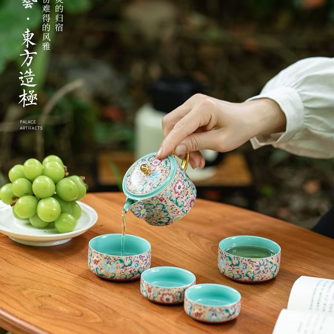 景德镇珐琅彩旅行茶具便携式陶瓷快客杯一壶四杯户外套装四海升平