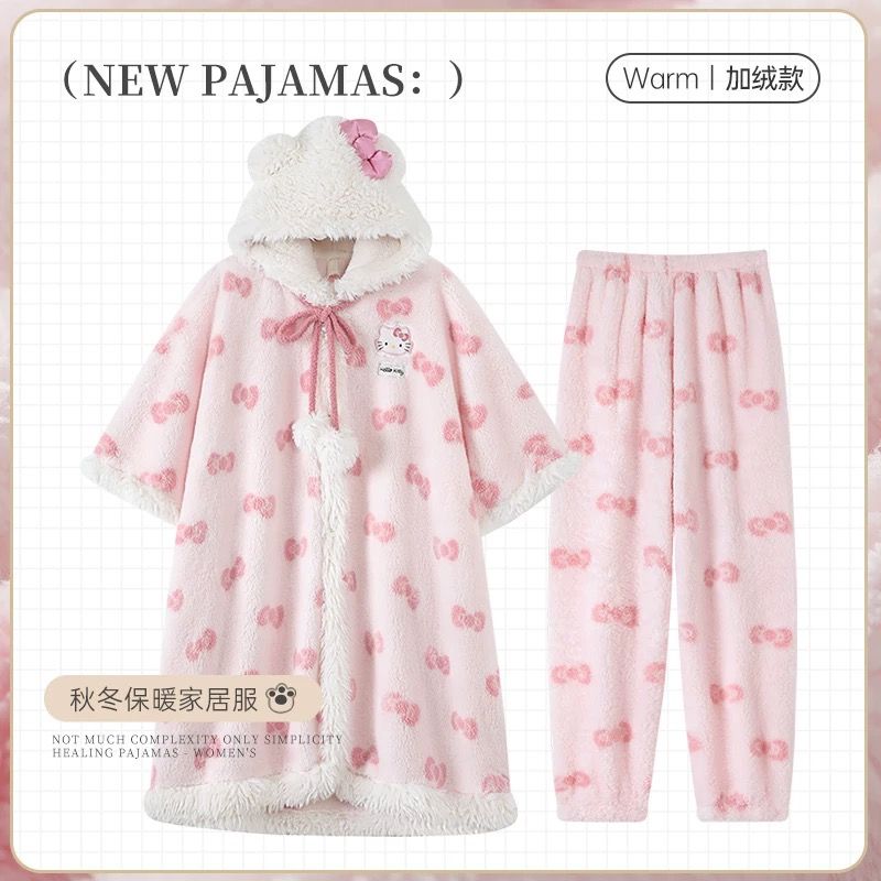 hellokitty凯蒂猫连帽珊瑚绒睡袍女秋冬季加厚斗篷披风睡衣家居服