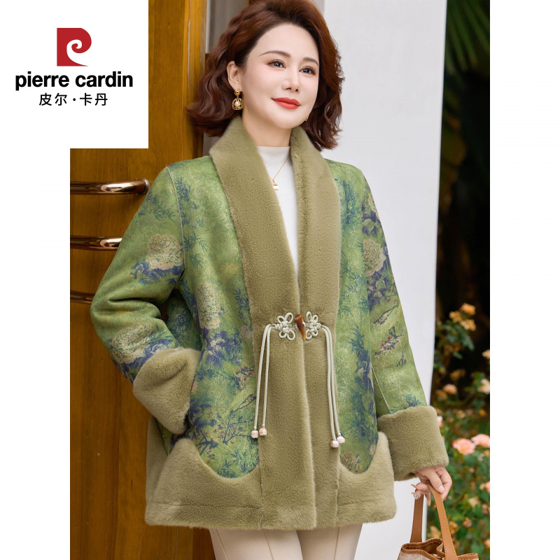 皮尔卡丹新中式双面穿洋气冬装中老年妈妈皮毛一体外套加绒加厚毛