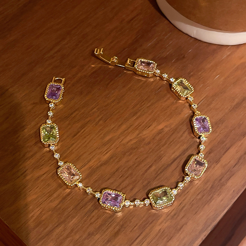 铁锆石手链 OJ电镀彩色锆石方形手链轻奢高级感小众手环时尚百设