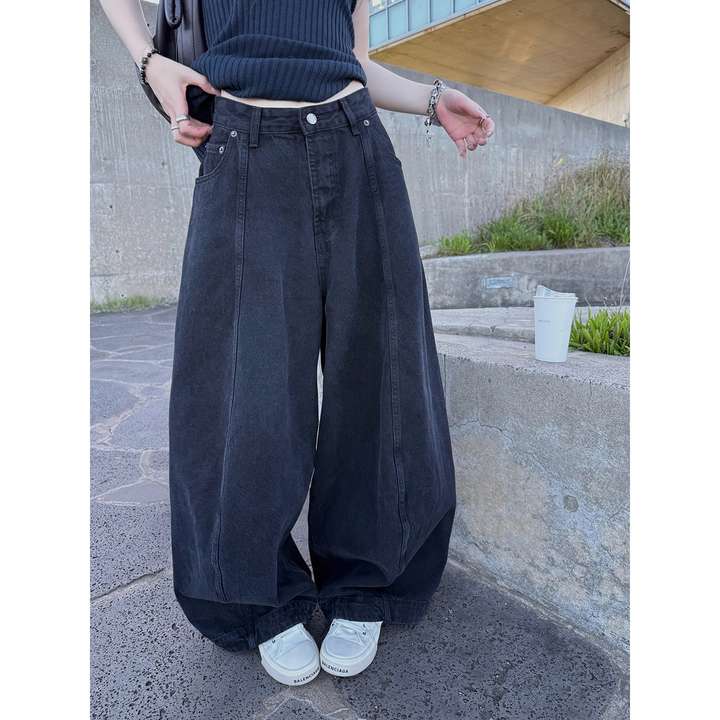 主推重磅秋冬版本黑灰色水洗工艺时髦气球牛仔裤春秋拖地长裤休闲