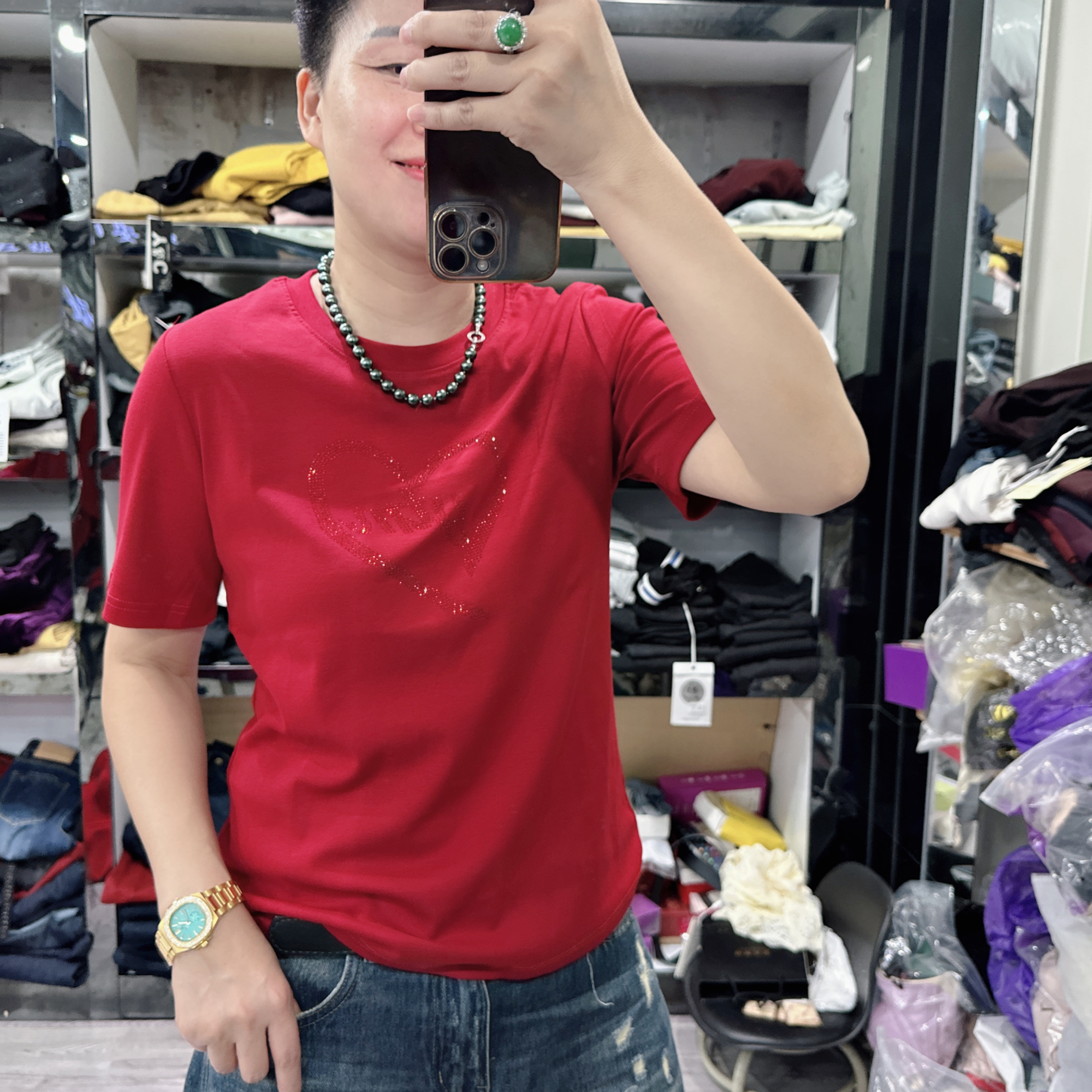 秋装短袖优质棉爱心红钻3色大码上衣8802欧美