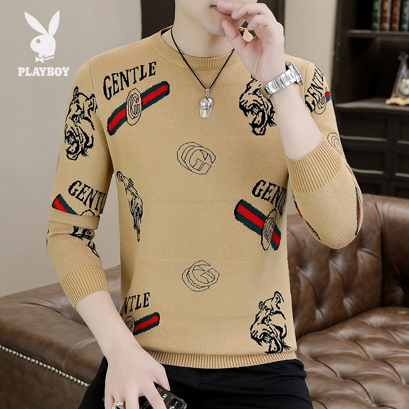 花花公子男士圆领时尚针织衫毛衣秋冬新款潮流韩版套头针织毛衣