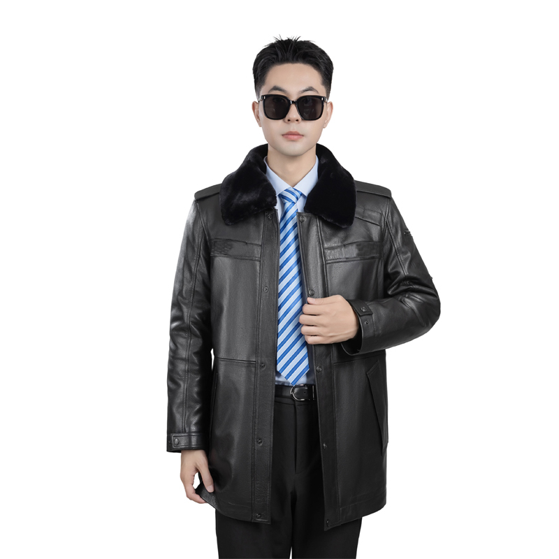 冬季多功能中长款山羊皮皮衣兔毛内胆安保保安皮衣可脱卸毛领内胆