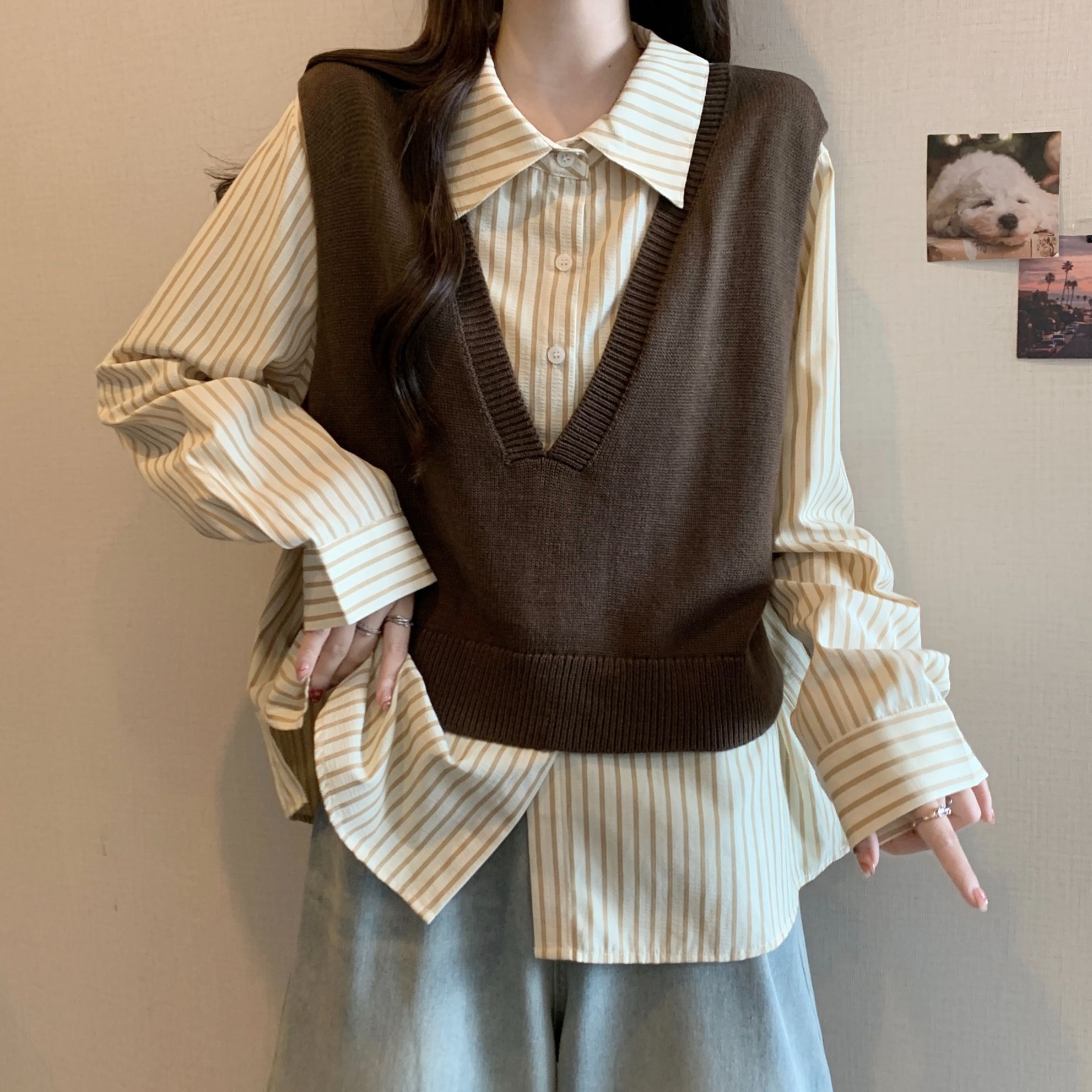 大码假两件马甲拼接条纹衬衫女春秋胖MM宽松显瘦百搭洋气长袖上衣