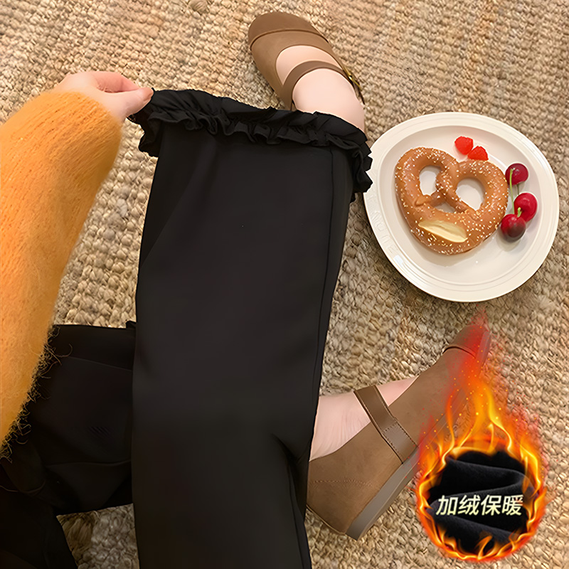 秋冬加绒黑色木耳边直筒裤女2026新款梨形身材宽松显瘦垂感阔腿裤