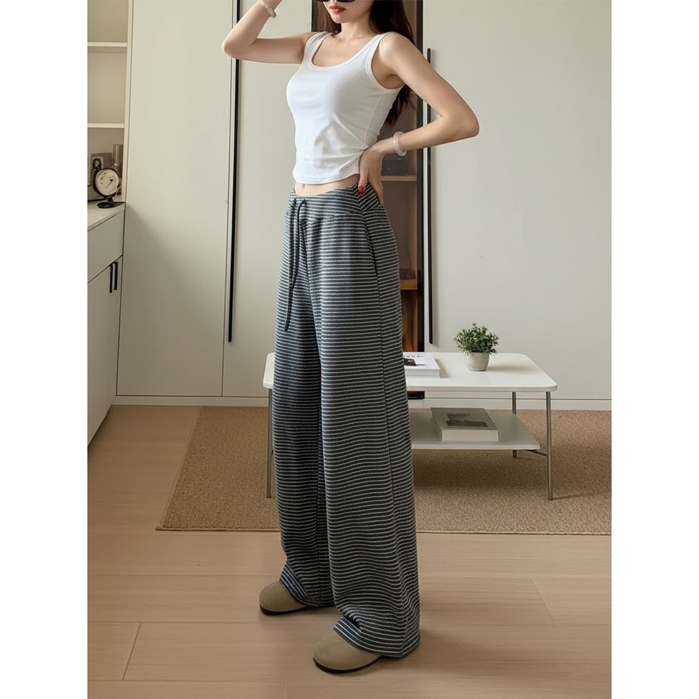 2025秋冬新款宽细条纹糯米裤女慵懒感显瘦垂感百搭宽松休闲裤女