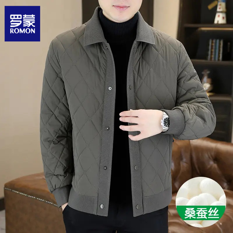 罗蒙高端菱形格棉服男士桑蚕丝轻薄棉袄外套男短款棉衣翻领男装