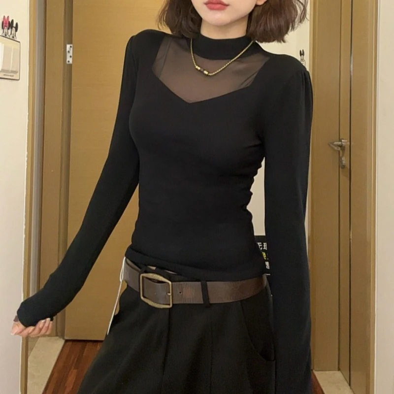 设计小众黑色网纱拼接长袖T恤女秋冬加绒加厚内搭打底衫修身上衣