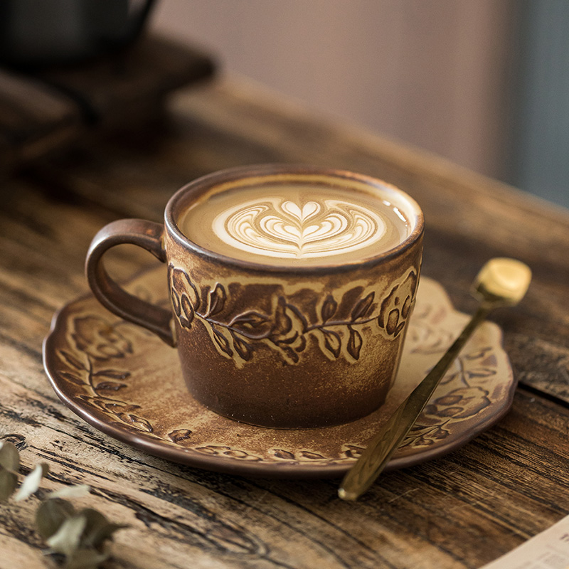 中古做旧感浮雕咖啡杯碟欧式奢华粗陶杯子仪式感下午茶具杯碟套件