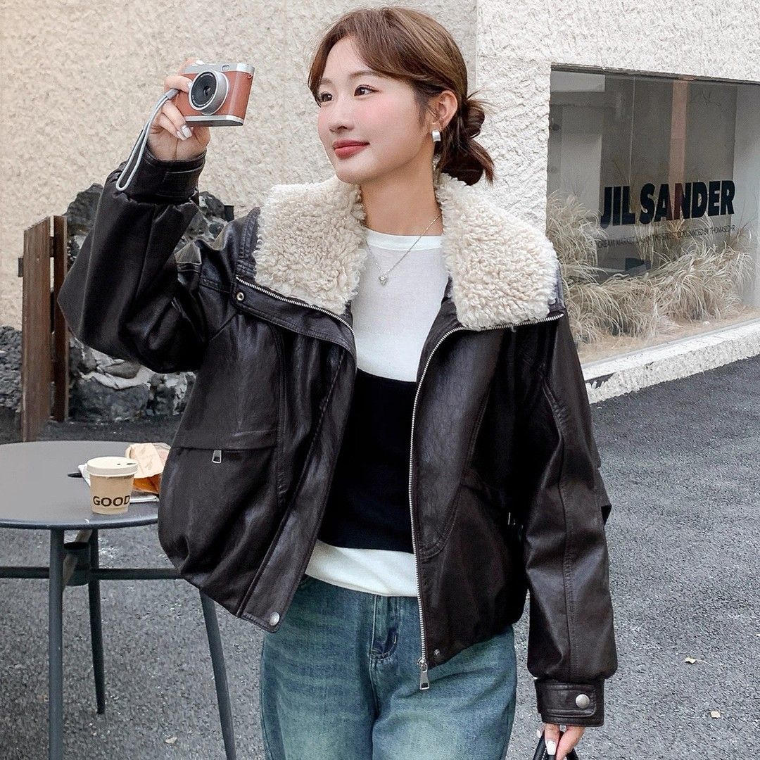 加绒加厚毛绒大翻领保暖皮衣外套女2025秋冬新款宽松显瘦上衣棉服