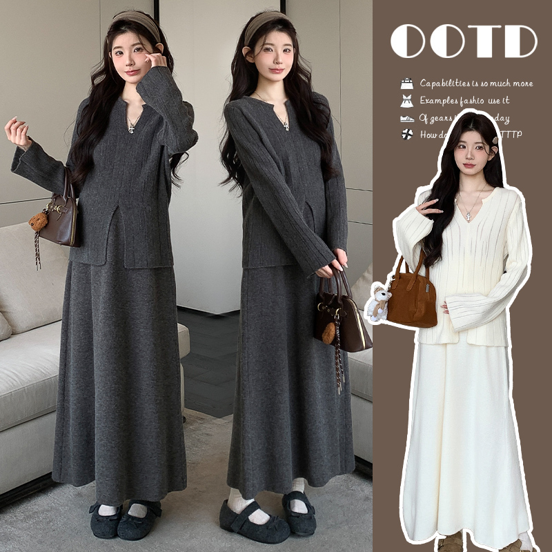 时髦孕妇装新款2025秋季时尚高级感穿搭显瘦针织网红款半身裙套装