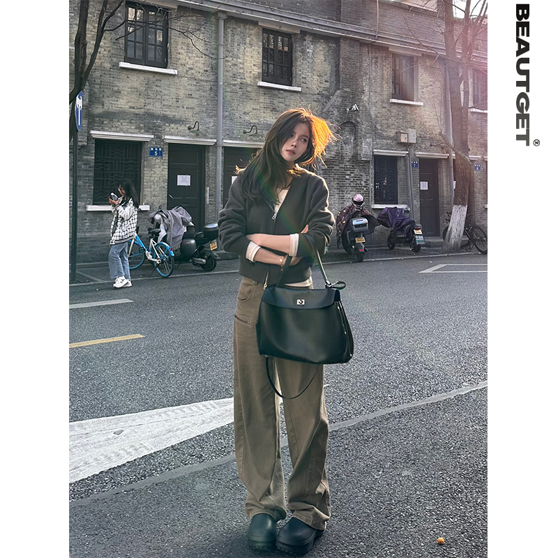 Beautget柠檬树来了美式复古水洗弯刀裤女宽松拖地休闲裤潮