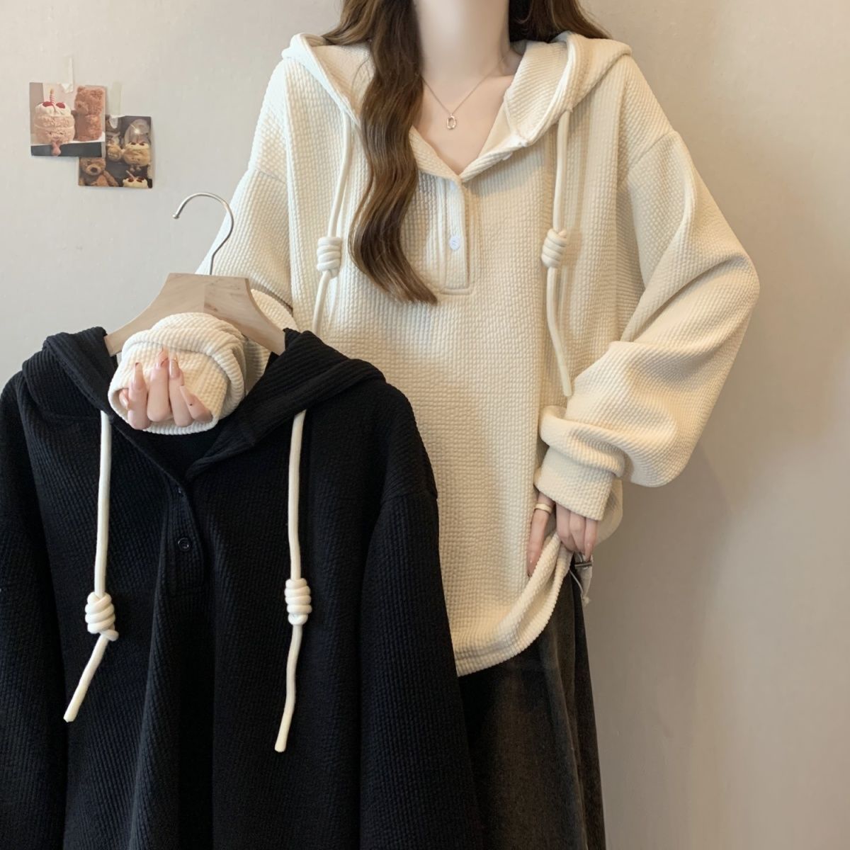 大码纹理感坑条连帽上衣女2025秋冬季新款宽松显瘦时尚长袖帽衫女
