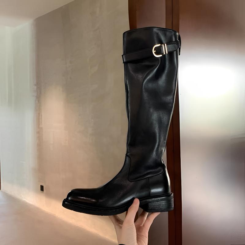 葡萄studiolee 水洗真皮圆头粗跟厚底增高腿直长筒骑士靴女秋新款