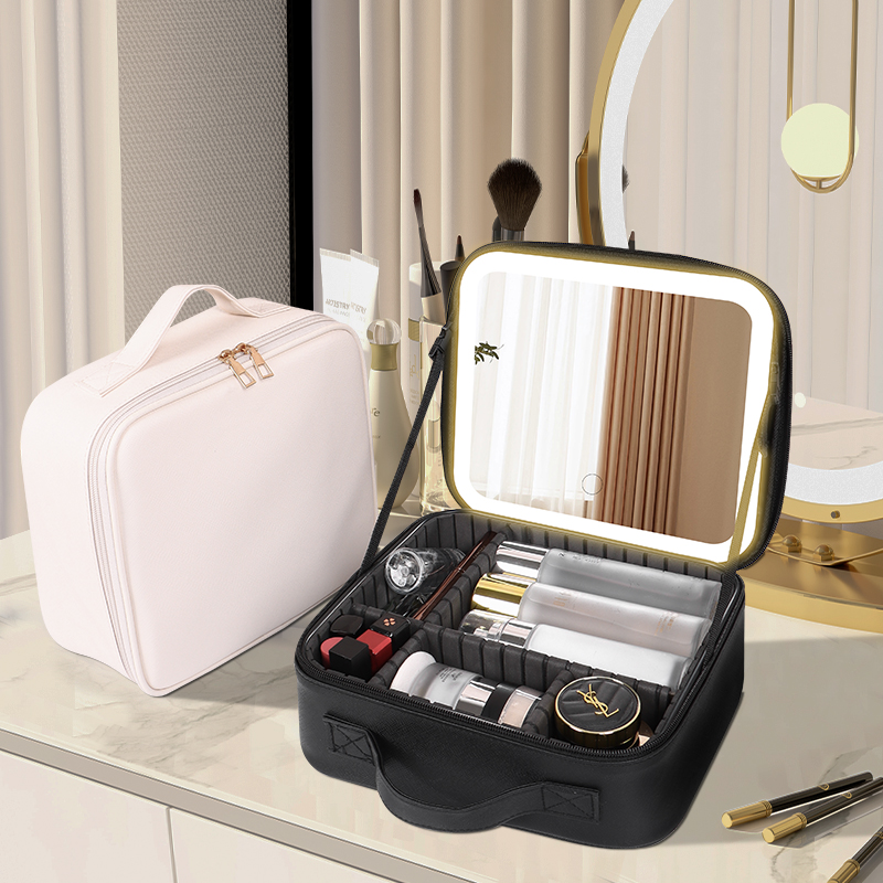 高级化妆包女LED补光带镜子化妆箱便携式大容量可拆卸分区收纳箱