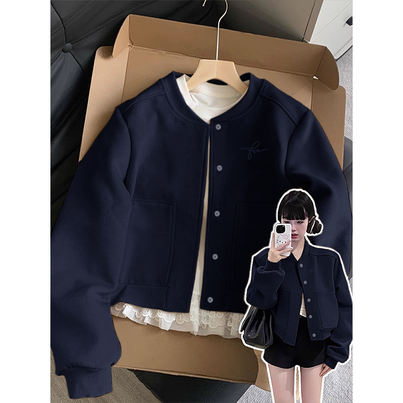 藏蓝色正肩夹克短外套女小香风棒球服2025新款秋冬季流行韩系穿搭
