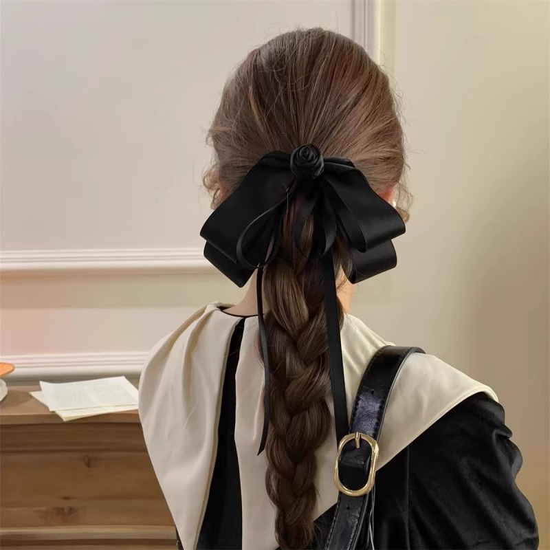 蝴蝶结飘带发夹玫瑰花园温柔后脑勺半扎发弹簧夹高级感发饰头饰新