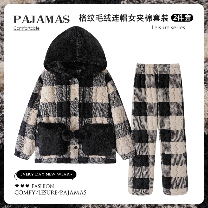 三层夹棉2025年冬季珊瑚绒睡衣女格子长毛绒加绒加厚家居服可外穿