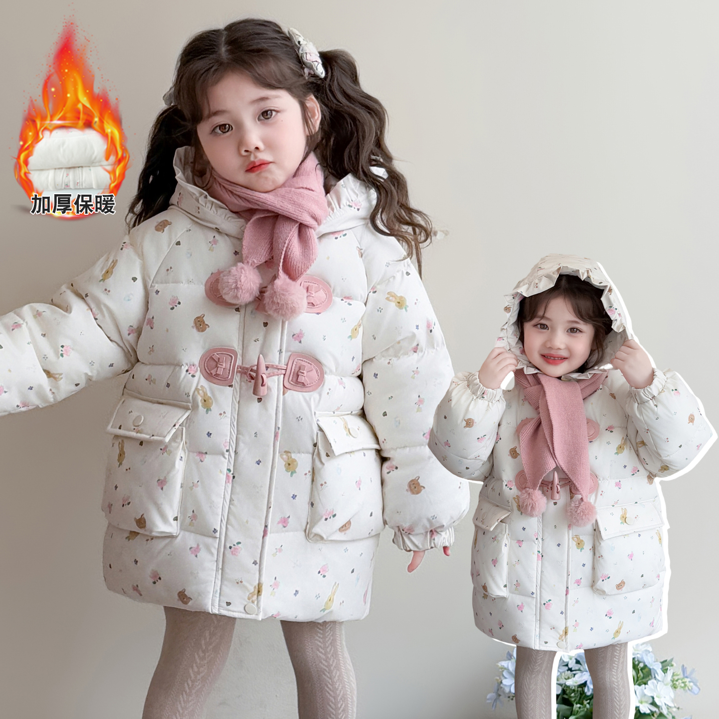 女童加棉加厚牛角扣连帽棉服冬季2025新款洋气女孩时髦棉衣棉袄潮