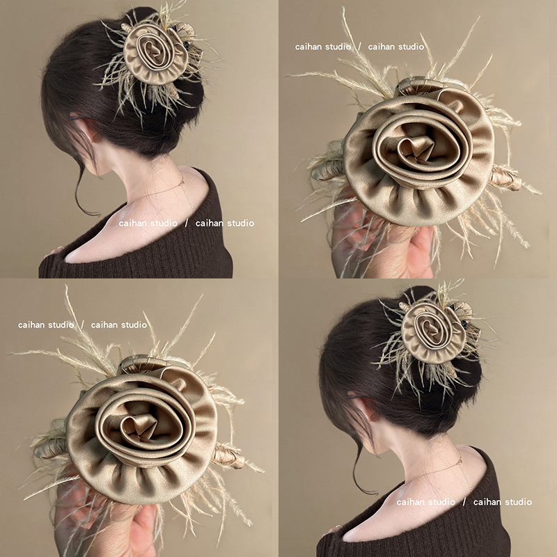 日不落~纯欲羽毛玫瑰抓夹法式复古高级感鲨鱼夹轻奢高级感盘发器