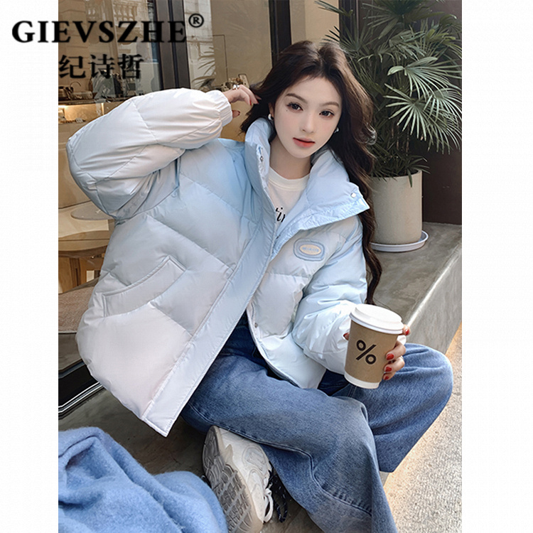 纪诗哲渐变蓝色羽绒服女小个子冬季加厚短款面包服甜美减龄学院风