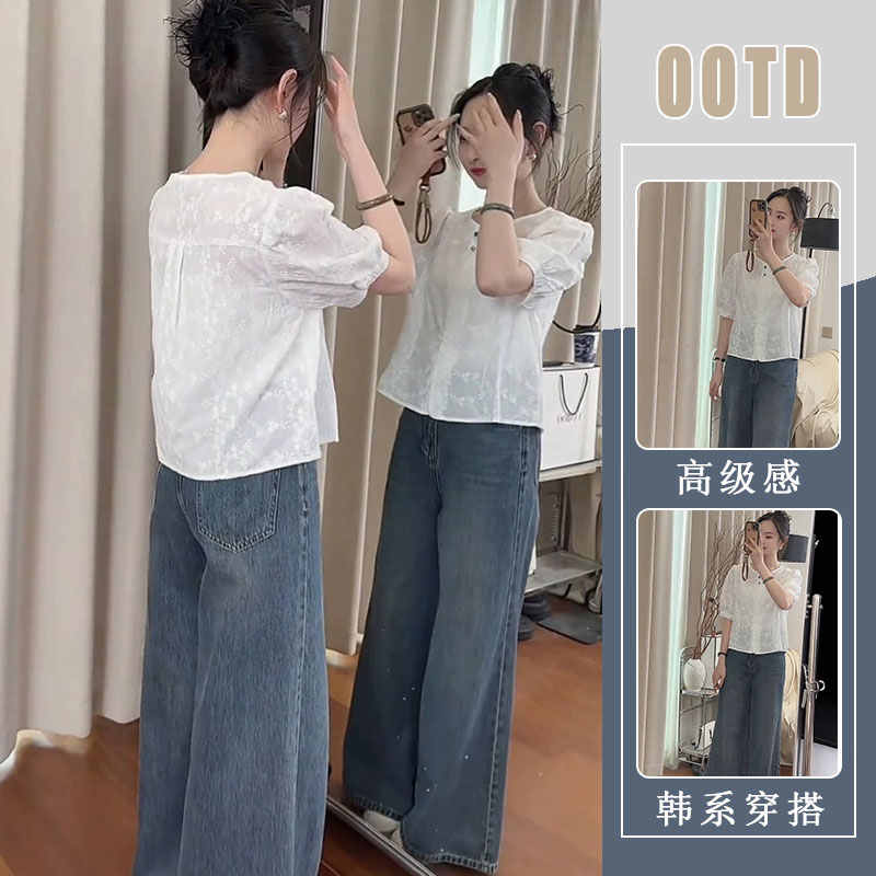 夏日穿搭一整套时尚韩系设计感泡泡短袖衬衫高腰阔腿牛仔裤两件套