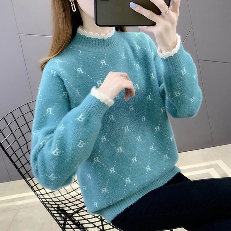 洋气格子毛衣女秋冬半高领水貂绒打底针织衫长袖新款女装宽松上衣