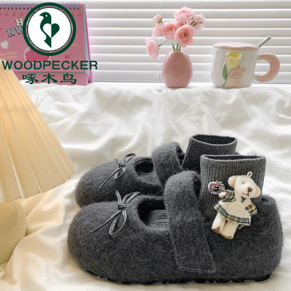 啄木鸟内增高玛丽珍毛毛鞋女2025新款冬季灰色棉鞋软底加绒勃肯鞋