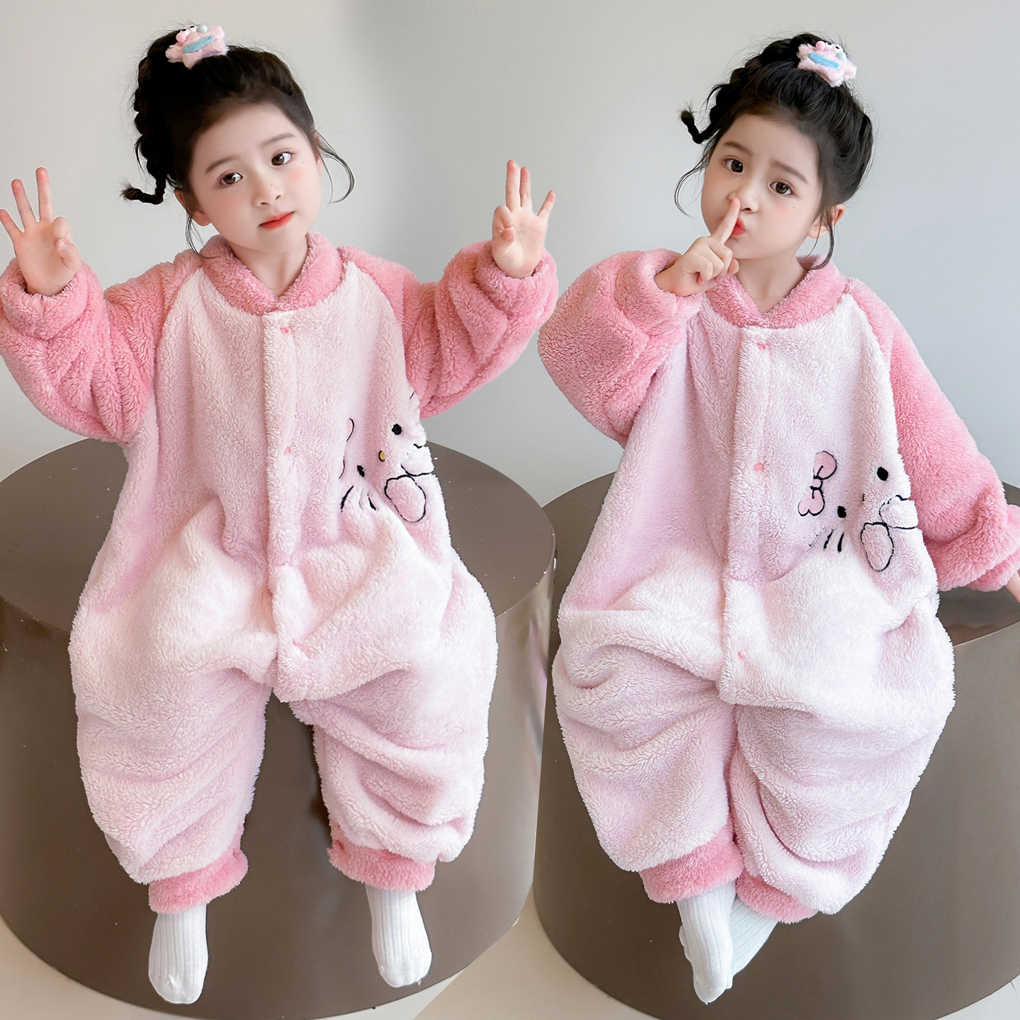 女童冬季卡通雪肤绒舒适爬服小姑娘加厚加绒连体睡衣珊瑚绒家居服