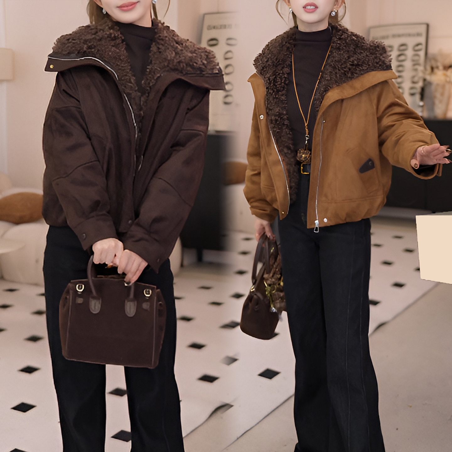 复古风毛毛领拼接加绒短款外套女2025秋冬季新款加厚保暖外套上衣