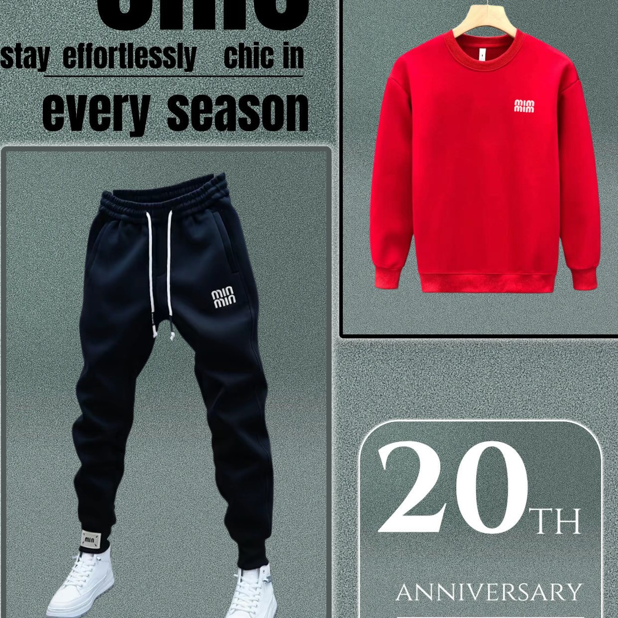 保暖潮刺绣纯色小脚裤休闲裤卫裤圆领印花卫衣加绒男装二件套装