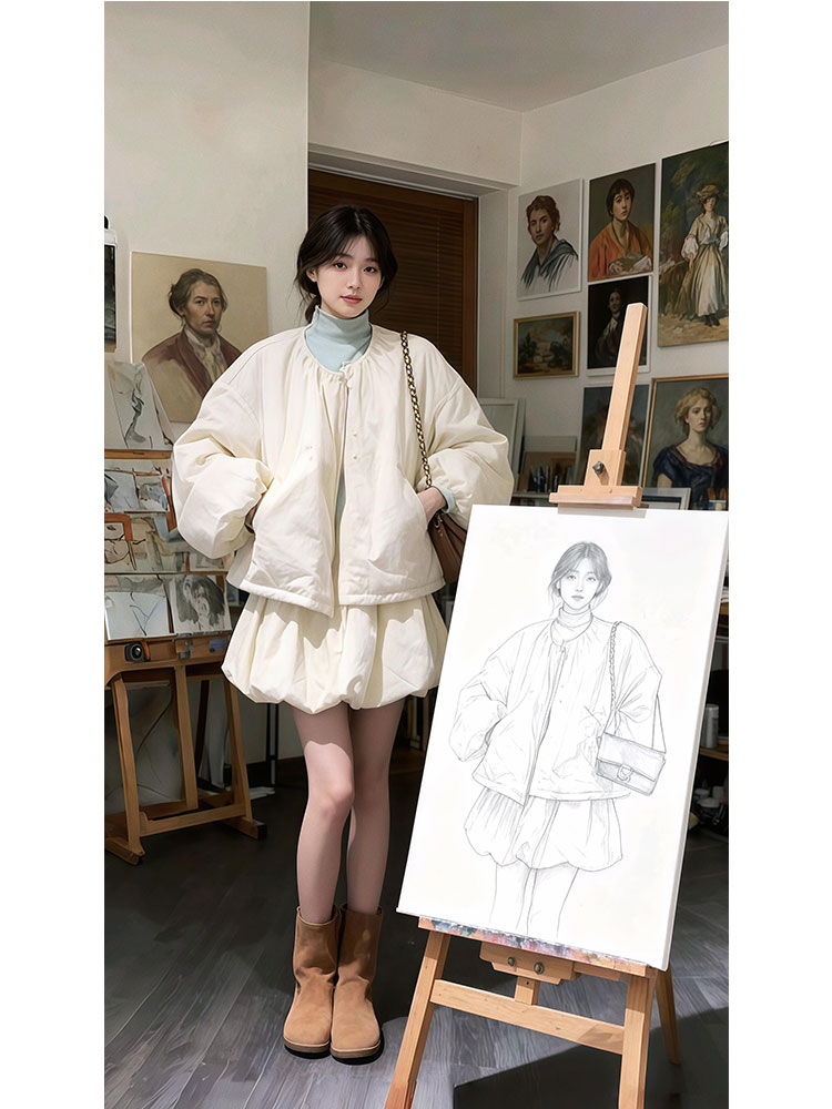 韩系小个子穿搭加厚保暖棉服女洋气百搭半身短裙秋冬新款一整套装