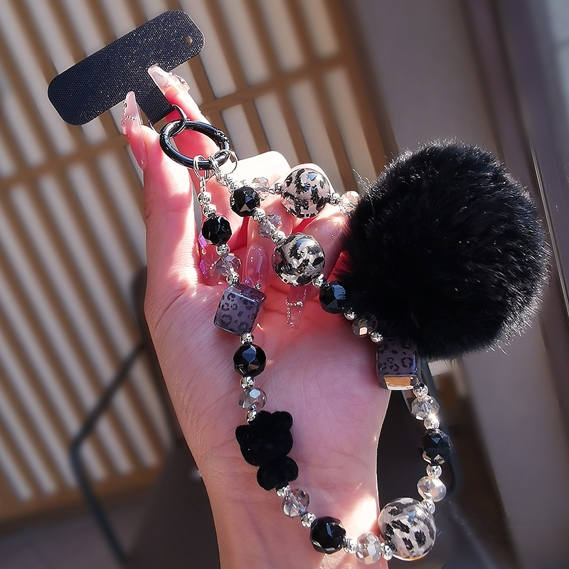 时尚豹纹卡通小熊毛绒手机挂绳小香风毛球吊坠手机链串珠水晶挂链