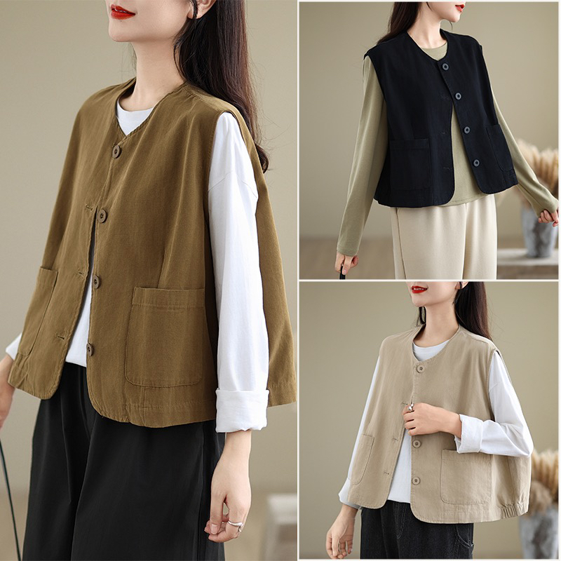 2025春夏季全棉圆领工装马甲外套女宽松显瘦复古休闲镂空外搭开衫