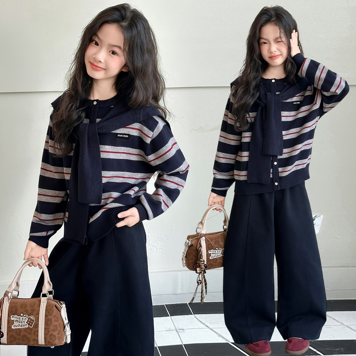 女童套装秋装2025新款儿童学院风针织外套女孩秋季弯刀裤两件套潮