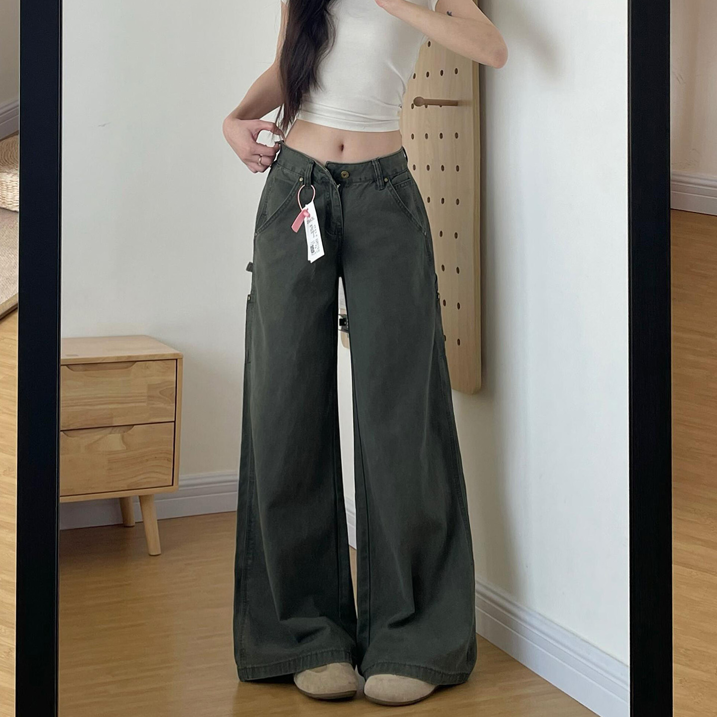 军绿色工装阔腿裤女秋季新款胖妹妹mm高腰显瘦宽松设计感拖地裤子