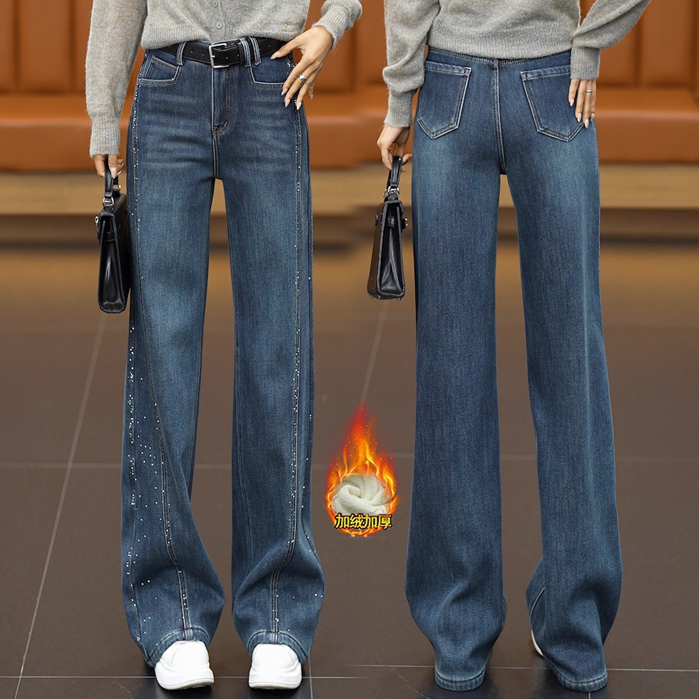时尚加绒加厚烫钻牛仔裤女2025冬季新款洋气高腰显瘦窄版直筒裤子
