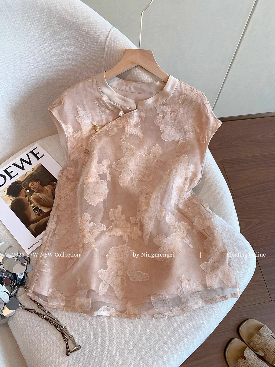 新中式粉色提花斜襟飞飞袖衬衫女2025夏季温柔风名媛气质别致上衣