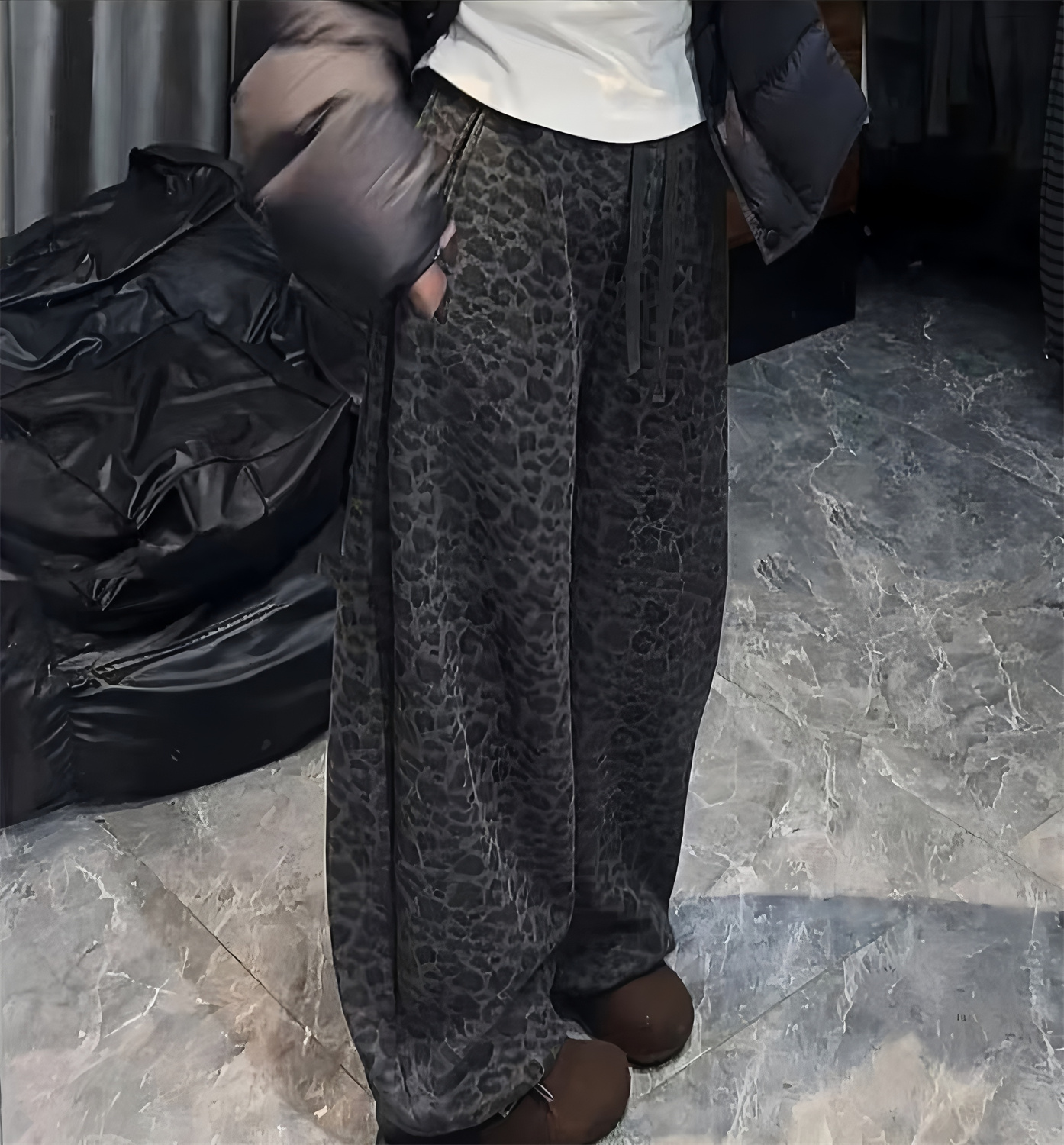 加绒加厚保暖豹纹高腰秋冬阔腿裤弯刀裤休闲裤时尚休闲裤