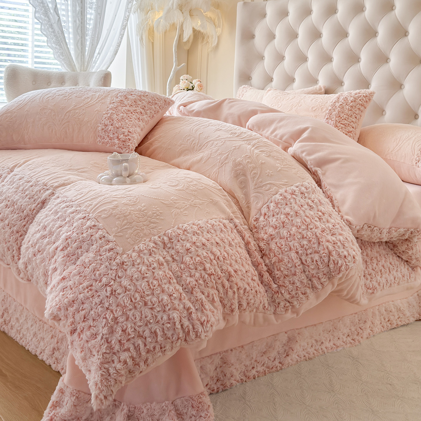 水星同款适用家纺冬季雕花牛奶绒四件套保暖双面绒加厚床盖款加绒