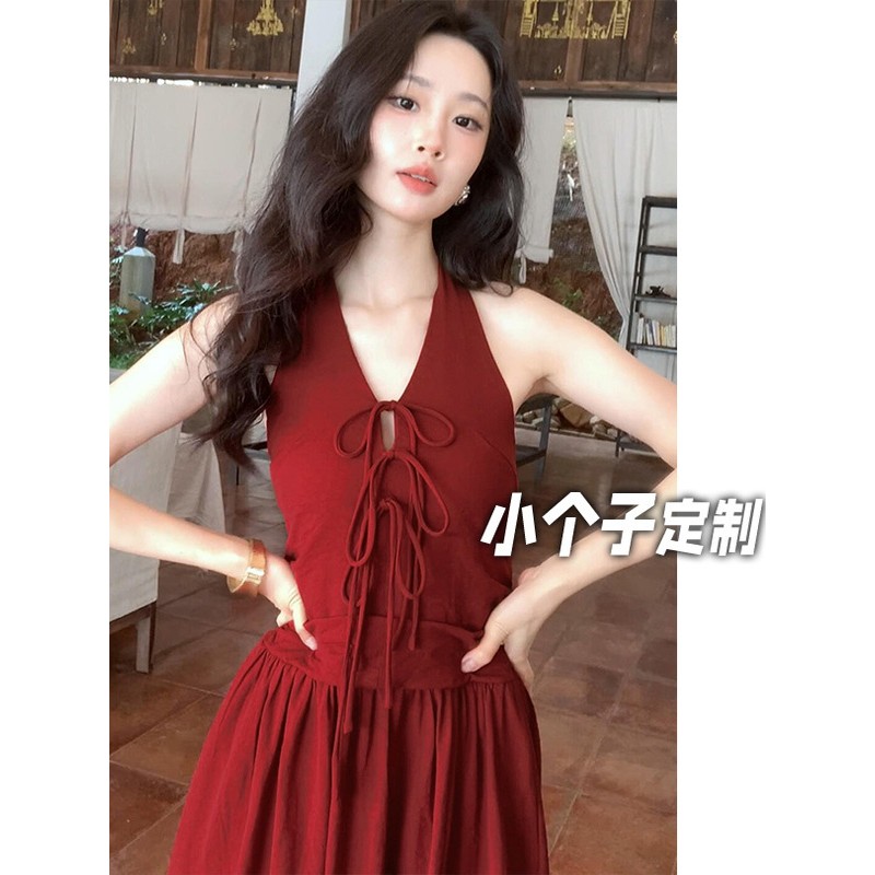 150小矮个子法式挂脖绑带连衣裙女秋季复古吊带裙收腰中长款a字裙