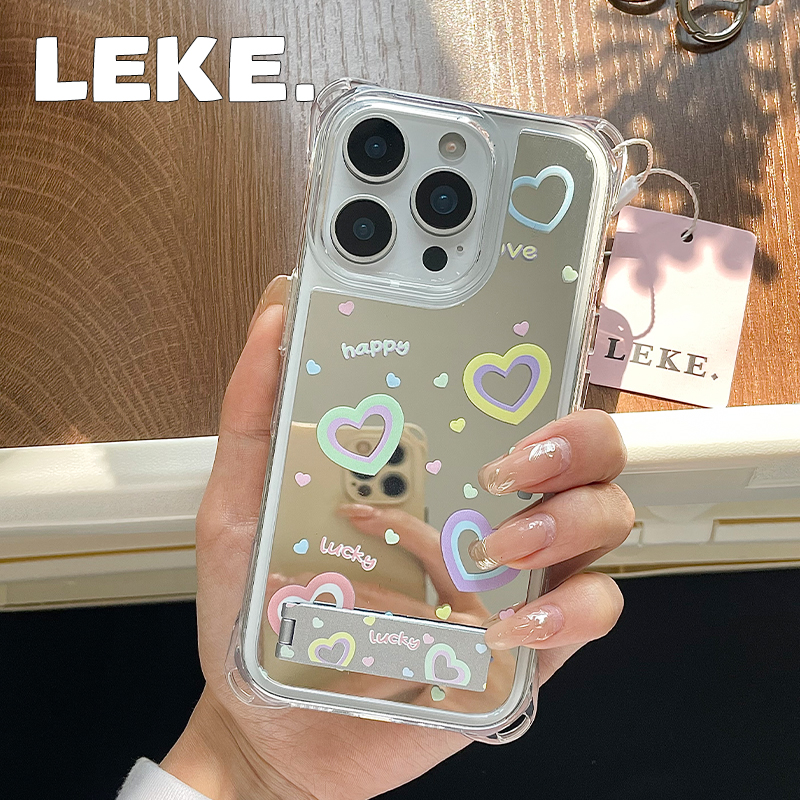 彩色爱心适用苹果16手机壳带挂绳15四角镜面13支架14链条11斜挎12