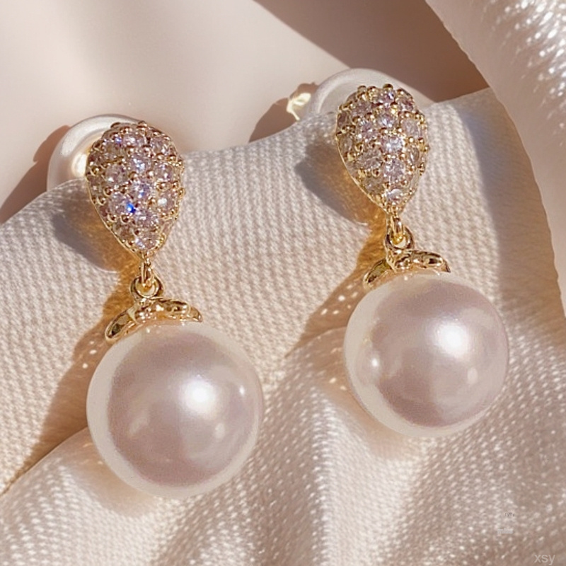 精致小巧锆石水滴型仿珍珠时尚轻奢优雅耳环