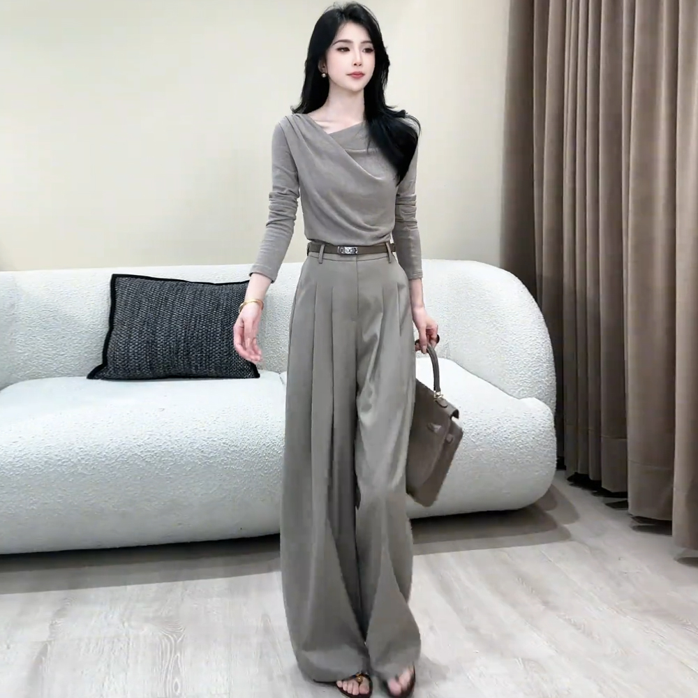 拉夏贝尔高级感法式套装女2025年春秋新款长袖T恤气质显瘦两件套