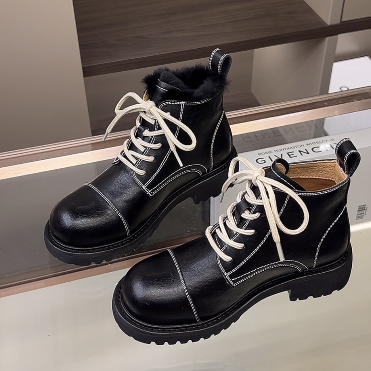 牛皮女鞋拼色女士时尚休闲鞋单鞋厚底系带秋冬胶粘阔腿裤必备鞋