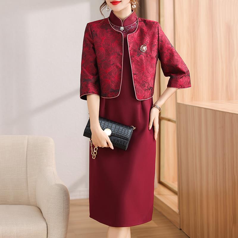 喜婆婆婚宴装2025新款五一妈妈高贵礼服春秋婚礼旗袍连衣裙两件套