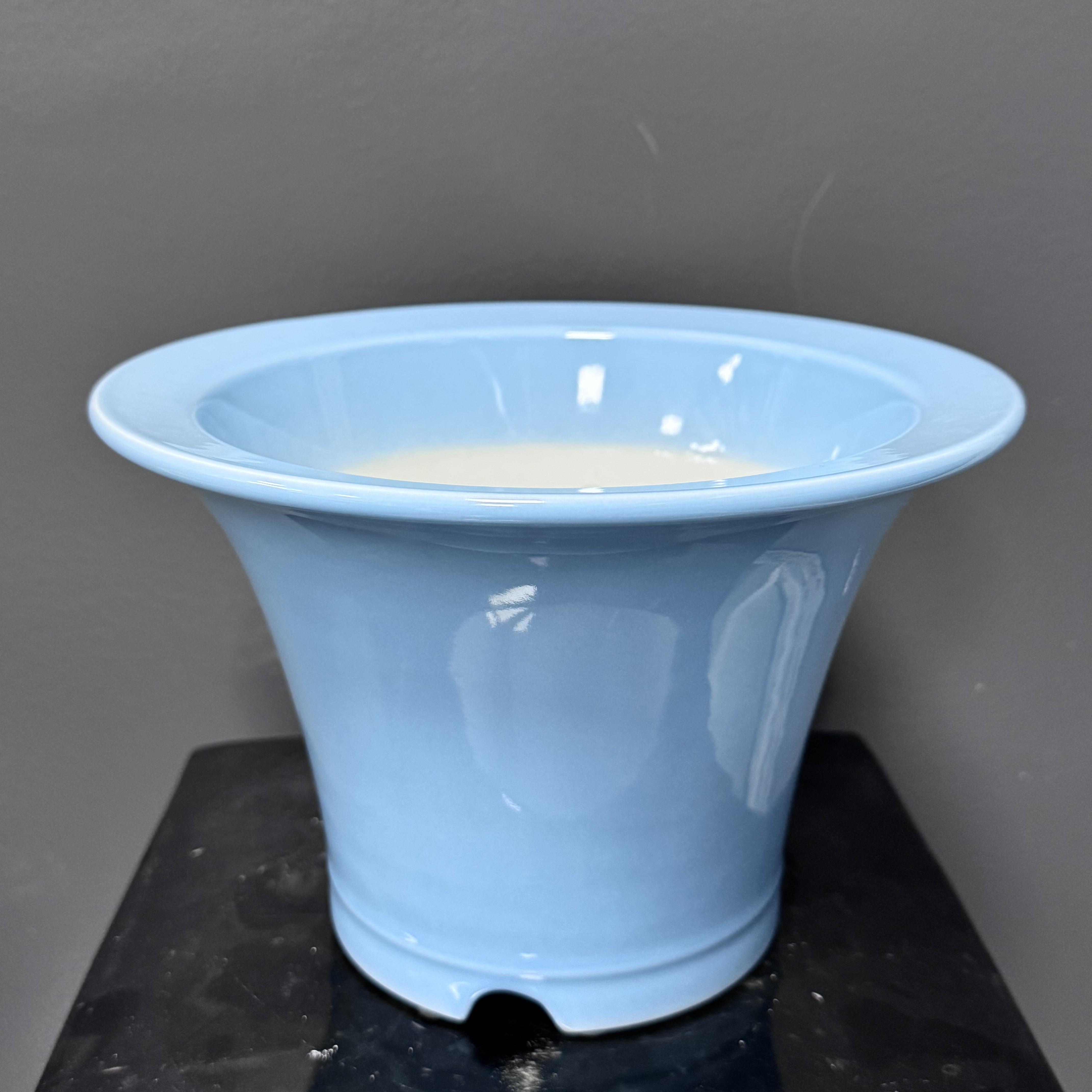 天青色纯手工斗笠花盆古典韵味十足（高:16cm，外口22.5cm）